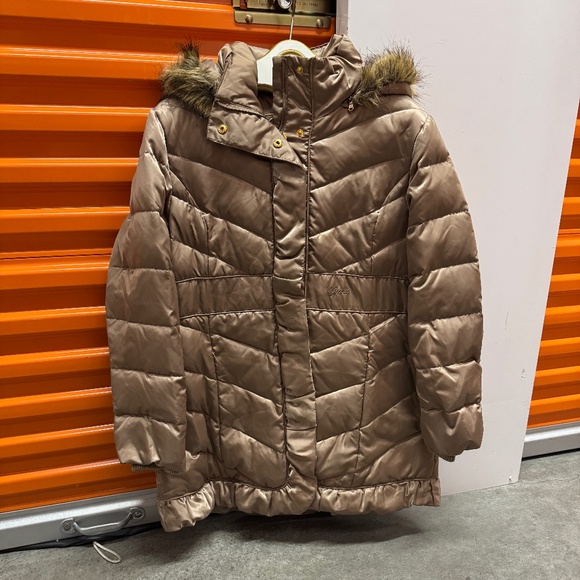 Guess - Champagne/Taupe Mid-length Down Puffer Coat w/Removable Fur-Lined Hood - Picture 2 of 8